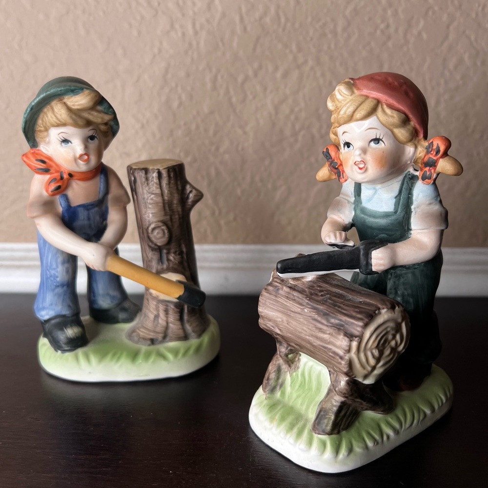 Vintage Flambro Collector’s Choice Woodcutting Figurine Pair — 1970s Taiwan